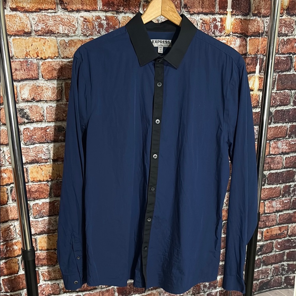 Express men’s large fancy dress shirt Deep Blue with Black Trim accents fitted